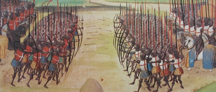 Batalha de Agincourt, arqueiros franceses e ingleses na linha de frente