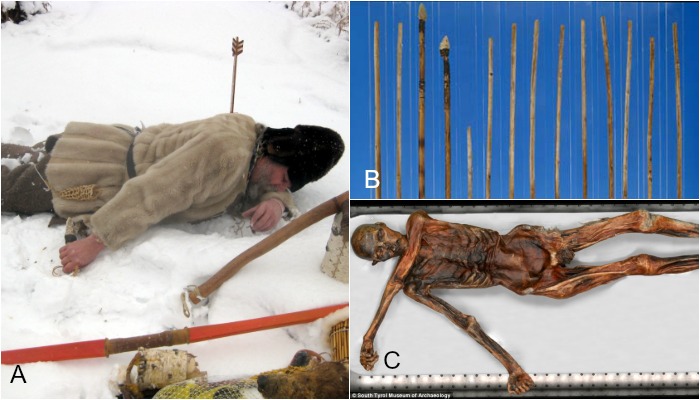 A) Simulação da morte de Ötzi, o arqueiro mais antigo de que se tem registro. B) Flechas encontradas na aljava de Ötzi. C) Cadáver real de Ötzi, morto com uma flechada.